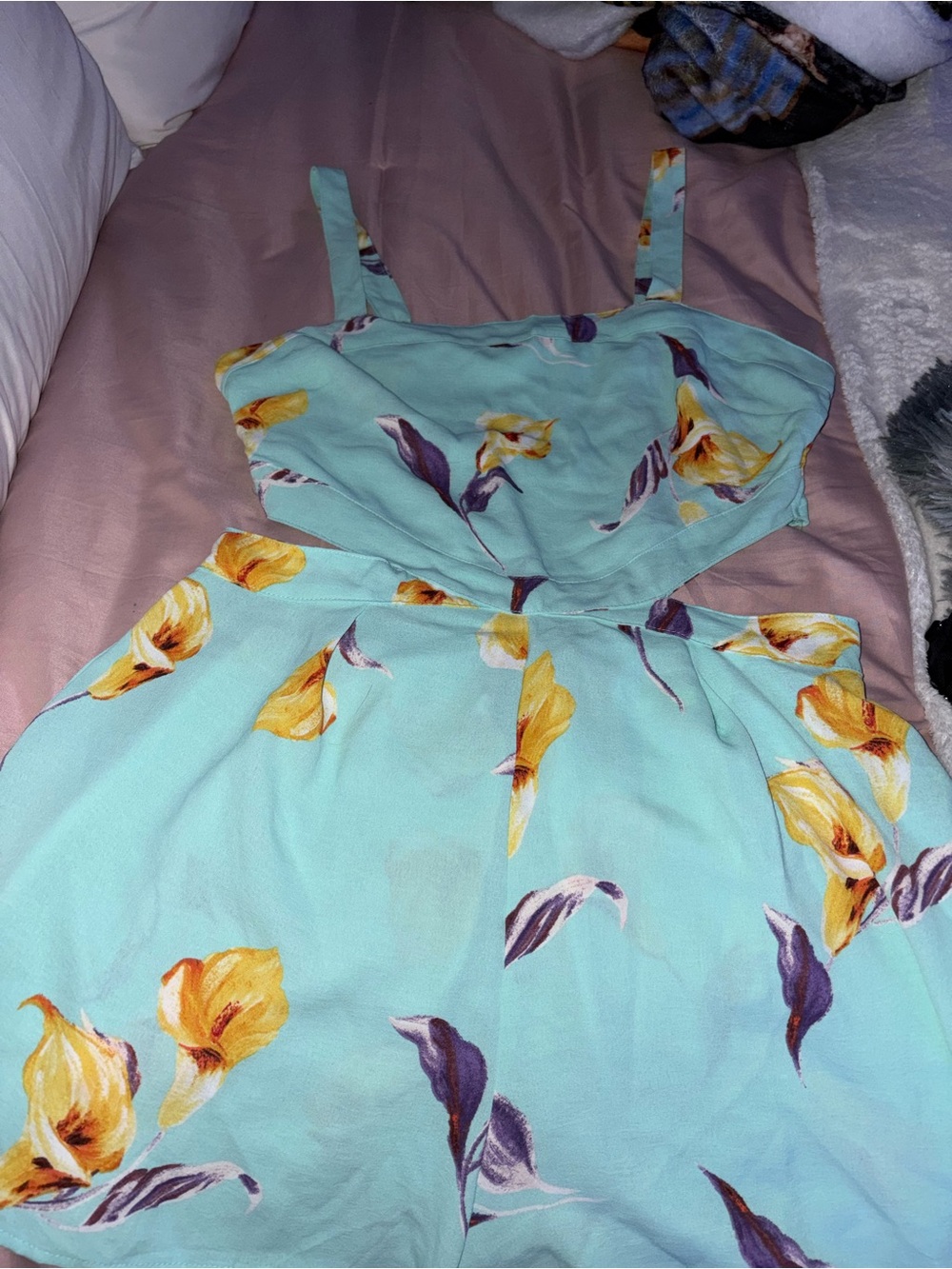 love J Aqua Floral Cutout Romper with Yellow & Purple Accents